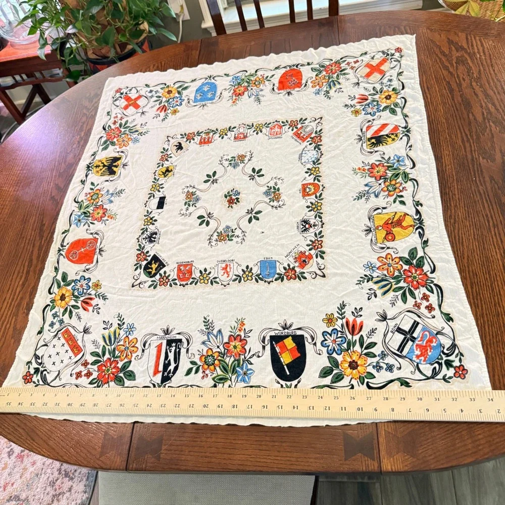 Vintage German Cities Souvenir Tablecloth Floral Crests Coats of Arms White